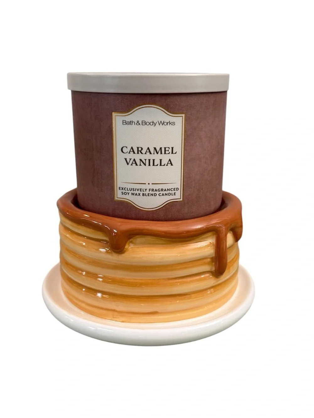 2-Pc Bath & Body Works PANCAKE STACK 3-Wick Candle Holder CARAMEL VANILLA Set